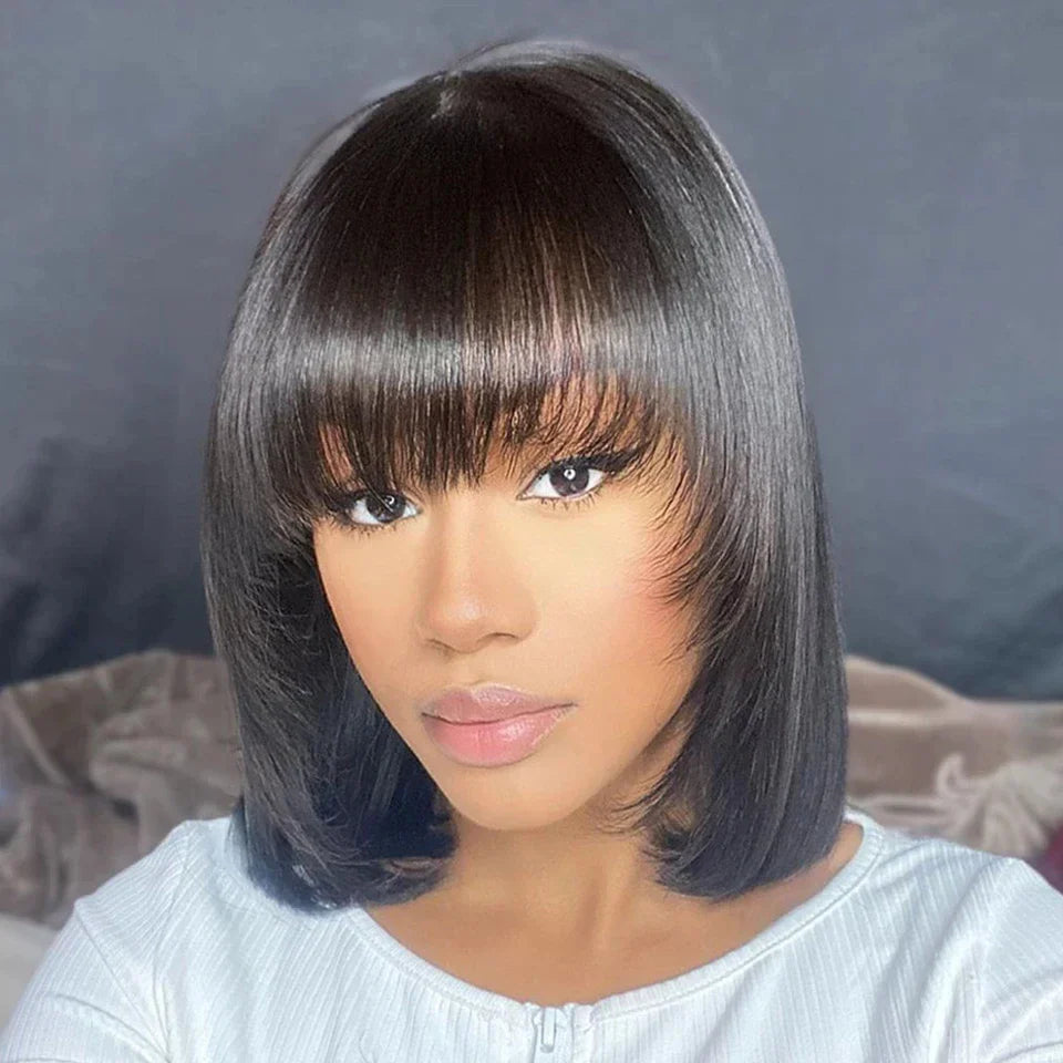 Silky Straight Bob Wig with Bangs | 100% Human Hair Full Machine Made (8-12 Inch)