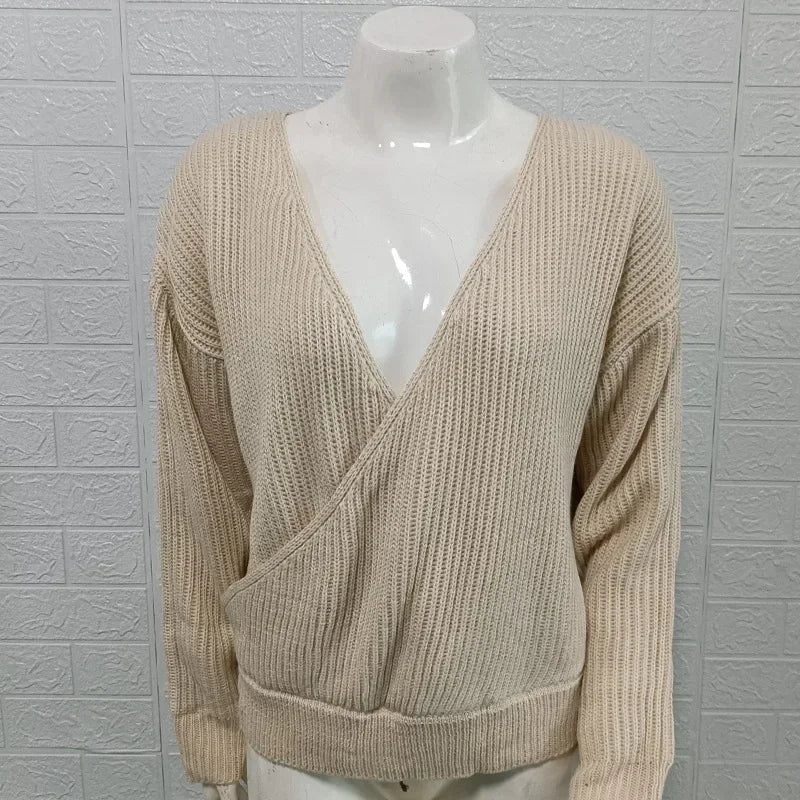 Sweater Women's Solid Color Long Sleeve Knitted Top  Autumn/Winter New V-neck Sweater Women