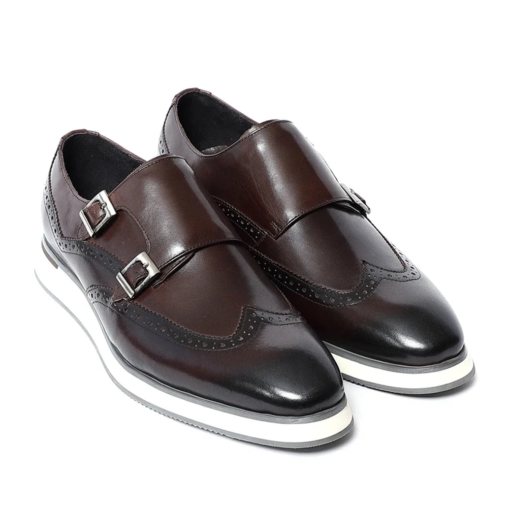 Luxury Men's Double Buckle Monk Strap Flats | Genuine Leather Casual Walk Shoes (Dark Brown, Black)