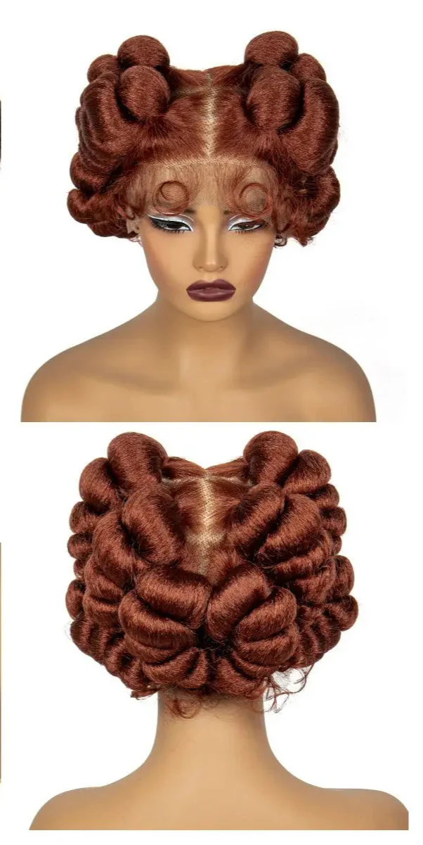 Burgundy Bantu Knotless Braids Wig | Short Handmade Full Lace | Baby Hair