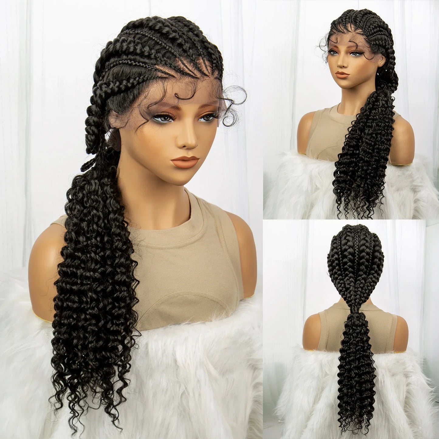 Curly Ends Cornrow Box Braids Wig | Handmade Lace Front | Baby Hair