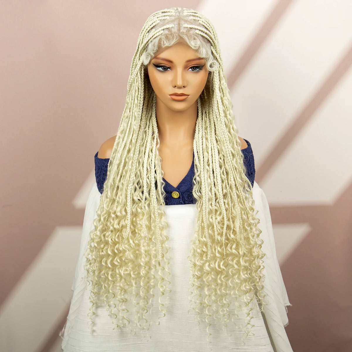 Boho Box Braided Wig with Curly Hair | Goddess Locs Accents | Full Lace Brown Braids Wig | Bohemian Box Braid Wig
