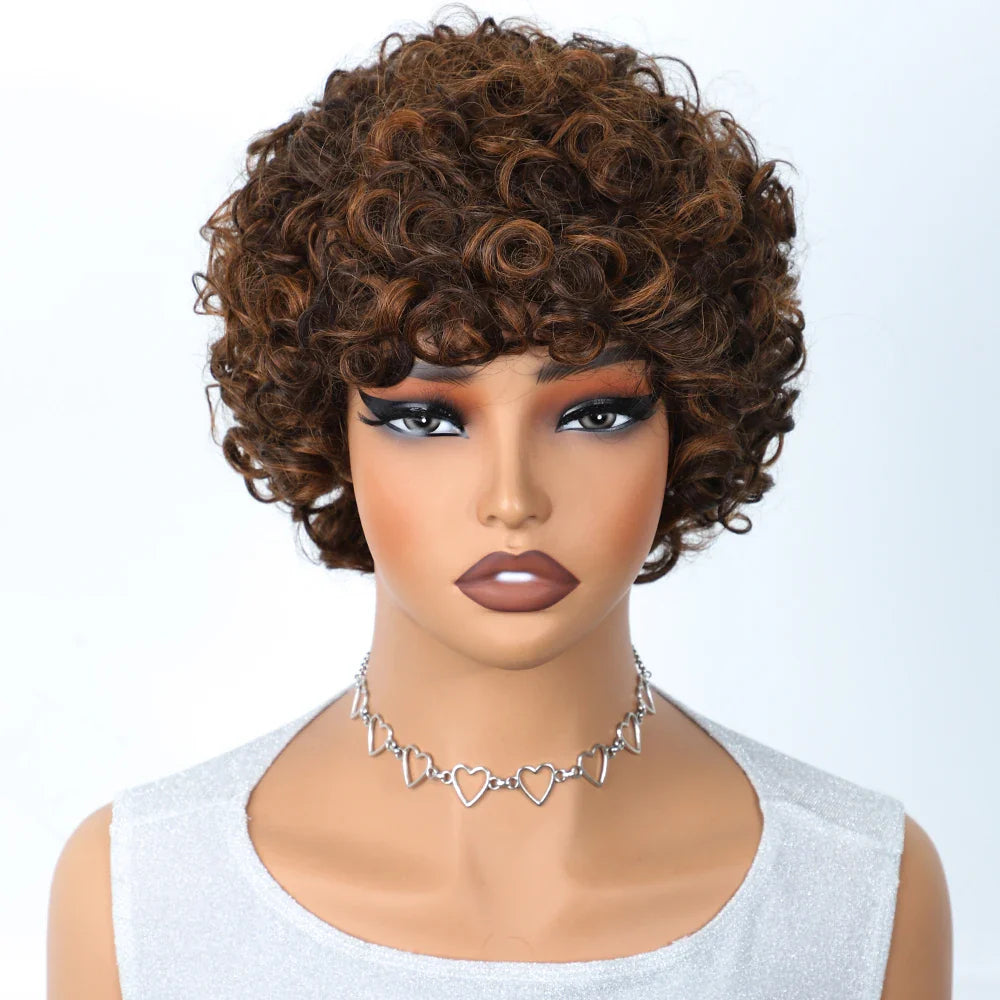 Malaysian Afro Kinky Curly Pixie Bob Wig with Bangs | Natural Brown & 99J Full Machine Made Remy Human Hair