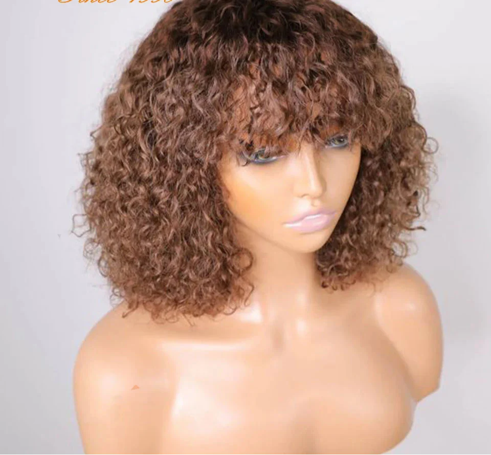 Brazilian Jerry Curly Human Hair Bob Wig with Bangs | Natural Highlight Honey Water Wave Kinky Curly Wigs for Women