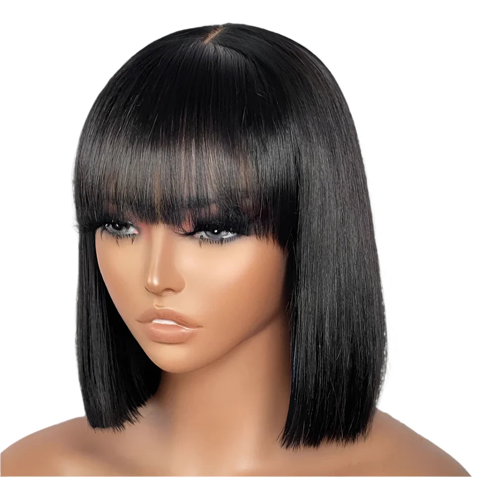 Short Straight Bob Human Hair Wig with Bangs | Full Machine Made Remy Hair | Natural Color