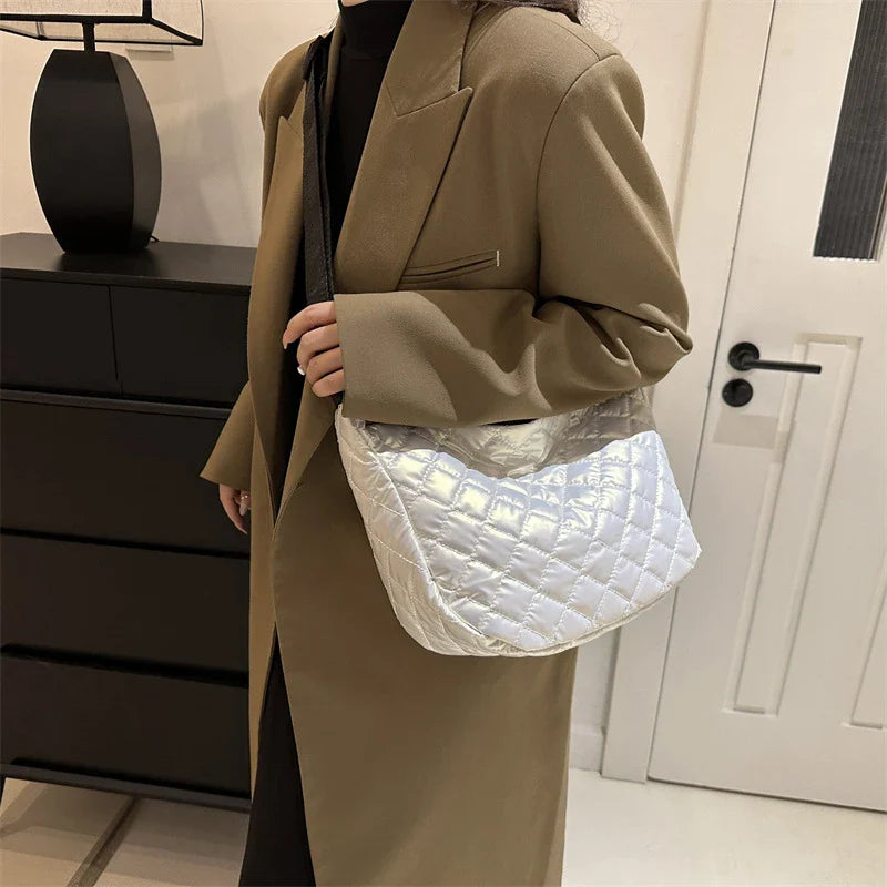 Fashion Nylon Padded Handbags Female | Large Capacity Top-Handle Bags & Solid Color Crossbody Bags (Winter Down Women Shoulder Bags)