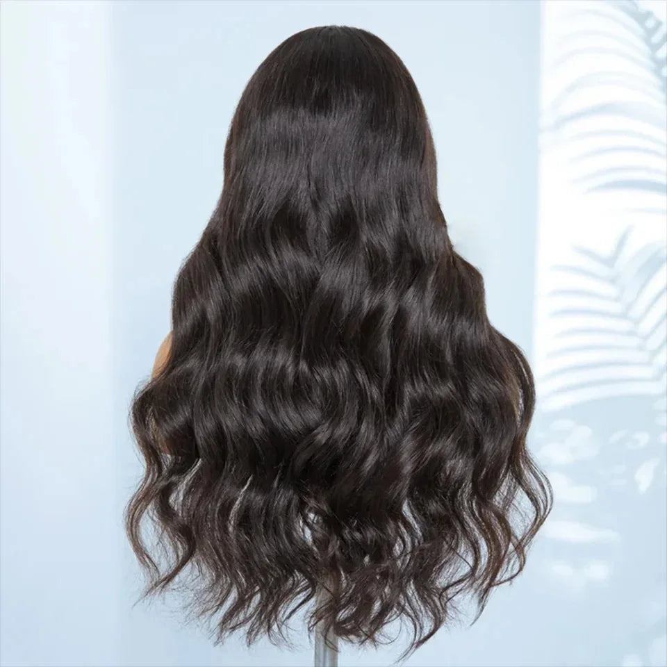 Natural Color 22" Body Wave Wig with Bangs | 180% Density Remy Human Hair Middle Part Lace