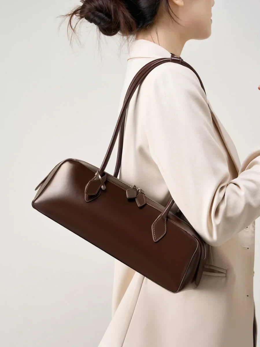 New Genuine Leather Women's Shoulder Bag | Large Capacity Cowhide Luxury Handbag (Long Strip Wine Red Baguette Bag)
