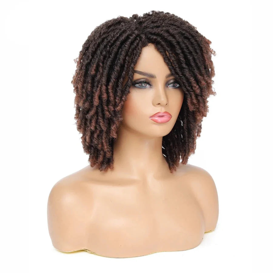 Short Afro Curly Faux Locs Wig | Twist Braids | Heat Resistant | Ombre Brown | Black Women