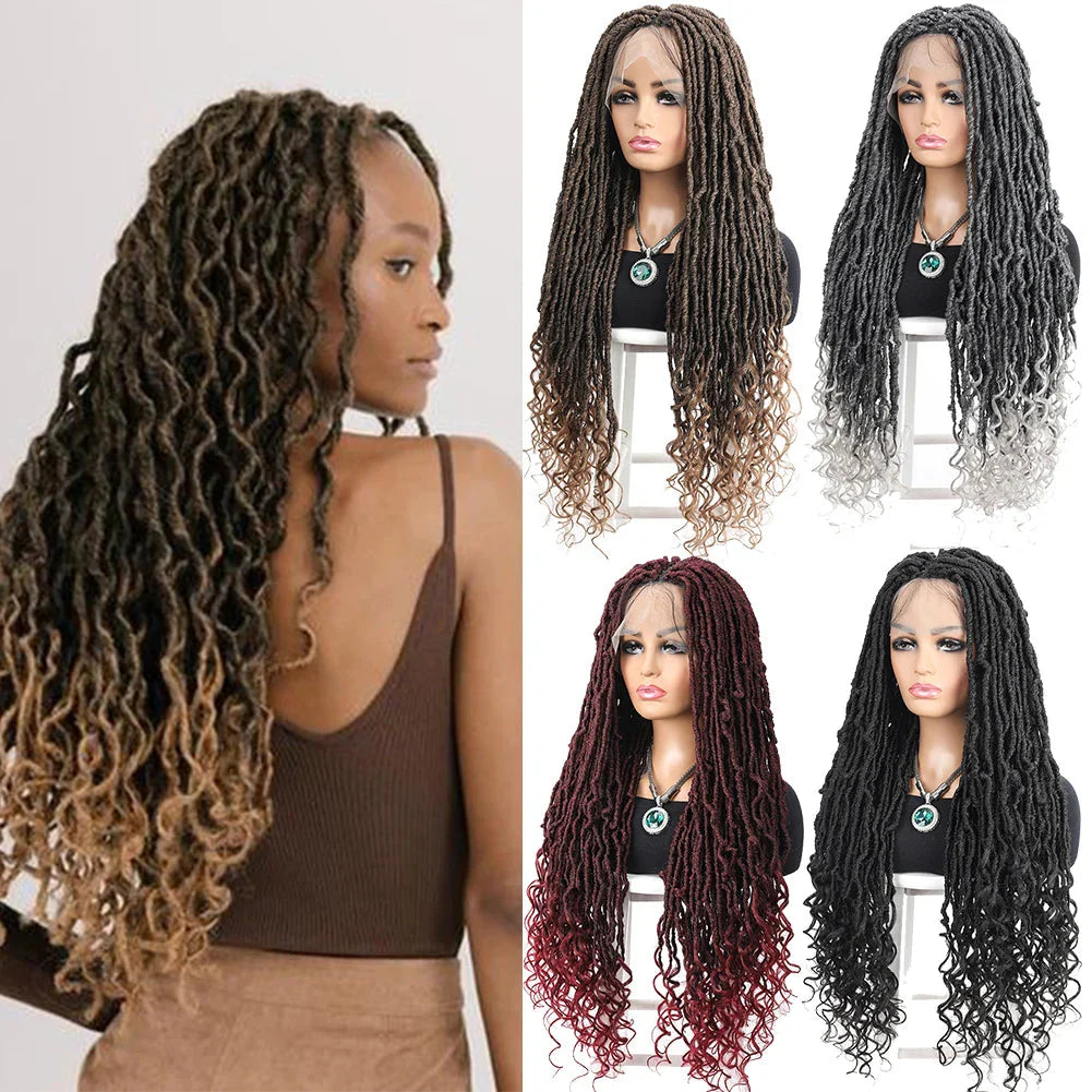 Goddess Faux Locs Crochet Wigs Synthetic Dreadlock Lace Twist Wig with Wave Curly End Lace Faux Locs Braided Wigs with Baby Hair