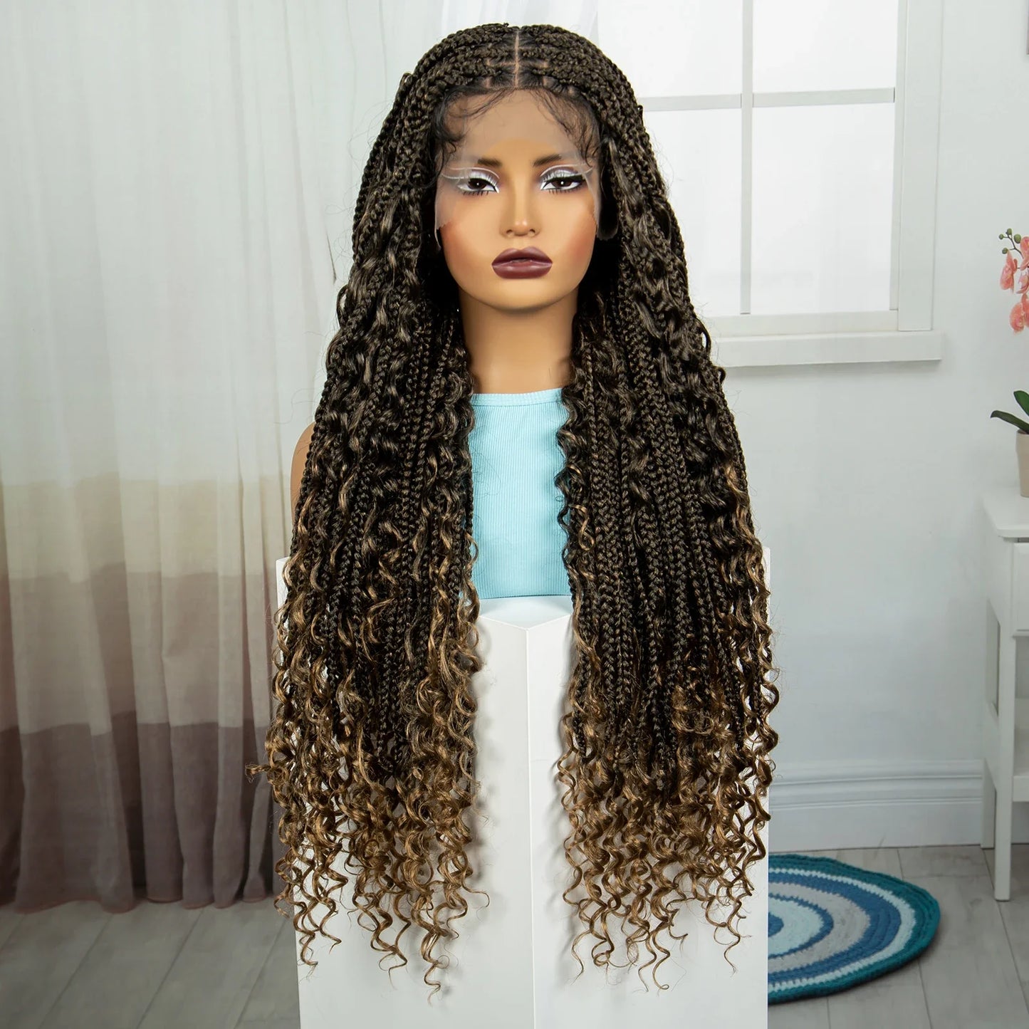 Ombre Knotless Braids Wig | Curly Ends | Full Lace | Baby Hair | Handmade