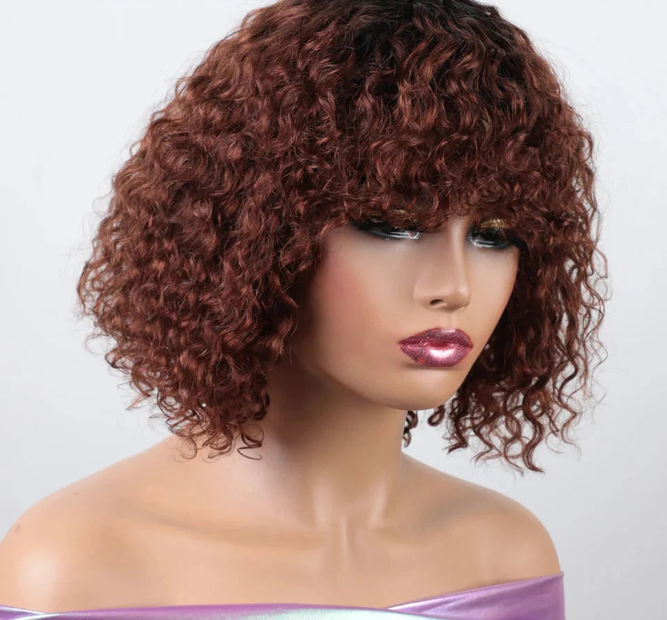 Brown Ombre Afro Kinky Curly Bob Human Hair Wig with Bangs | Brazilian Remy Loose Deep Wavy Wigs for Women