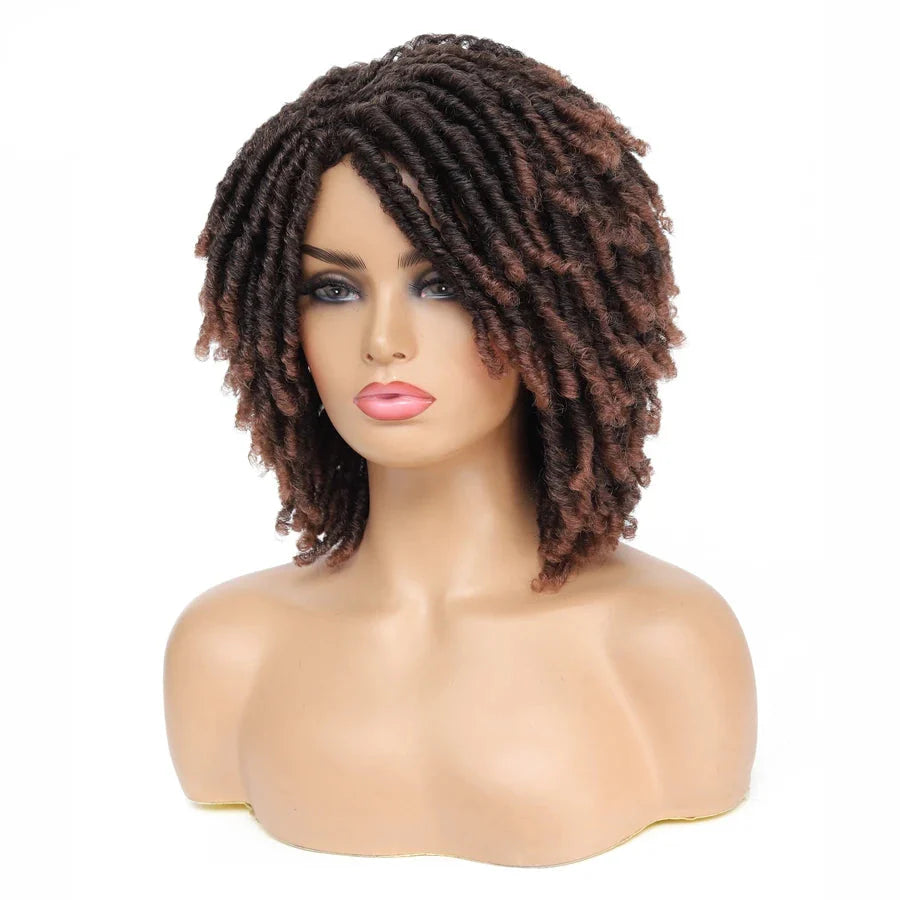 Short Afro Curly Faux Locs Wig | Twist Braids | Heat Resistant | Ombre Brown | Black Women