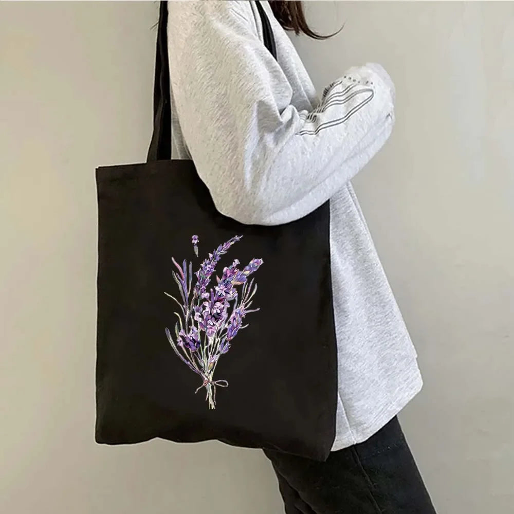 Succulove Floral Cotton Tote Bag | Large Capacity Handbag with Tulips, Hydrangeas, Sunflowers & More (Casual Shoulder Shopper, Eco-Friendly)