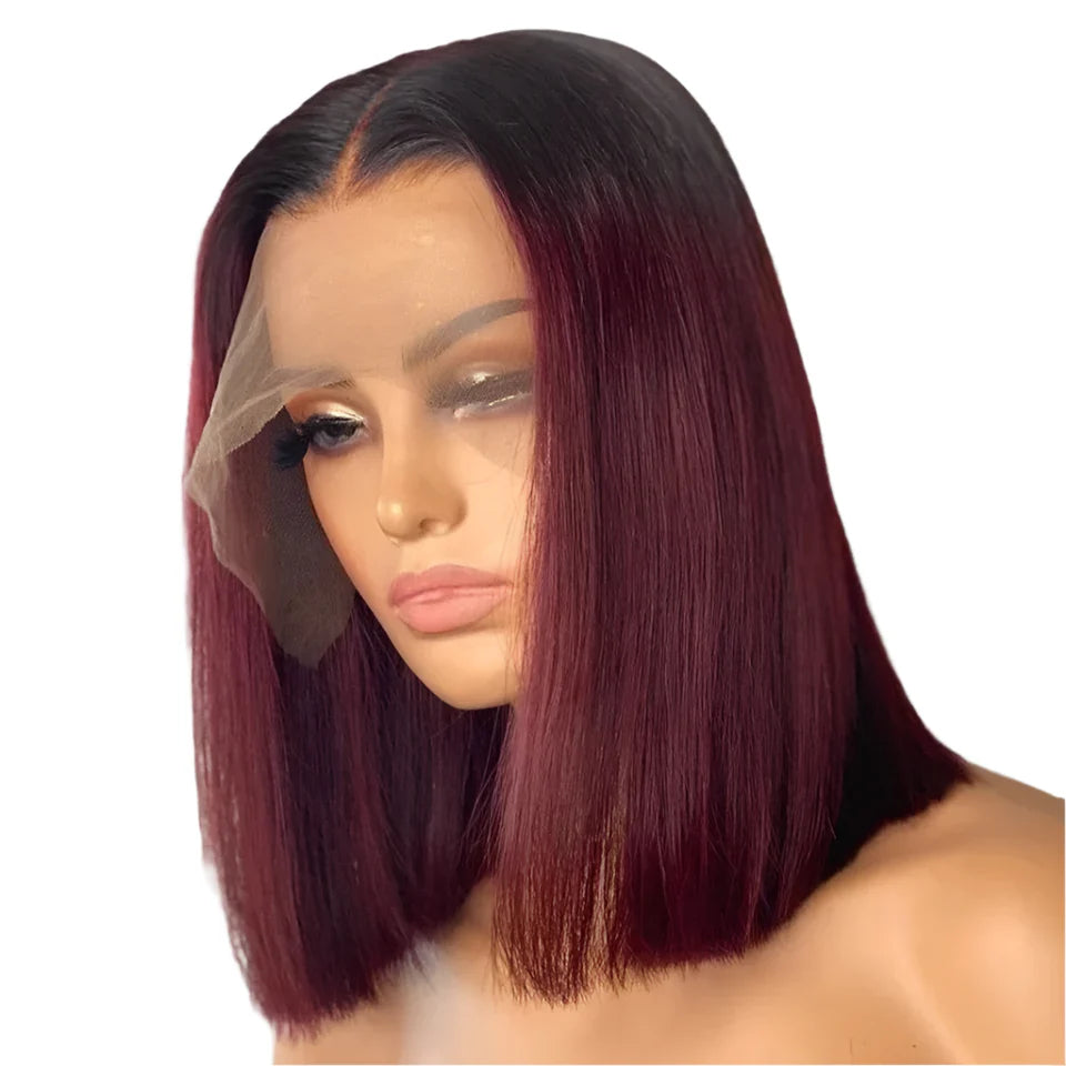 Wine Red Ombre 1B-99J Straight Bob Wig | 13x4 Transparent Lace Front Brazilian Human Hair