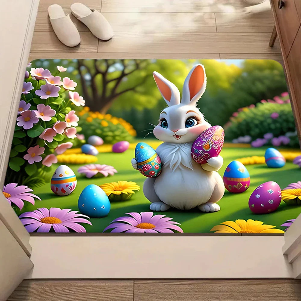 Easter Bunny, Welcome Carpet Easter Egg Rabbit Plant Patterned Door Mat Living Room and Bedroom Soft Non Slip Decorative Rug