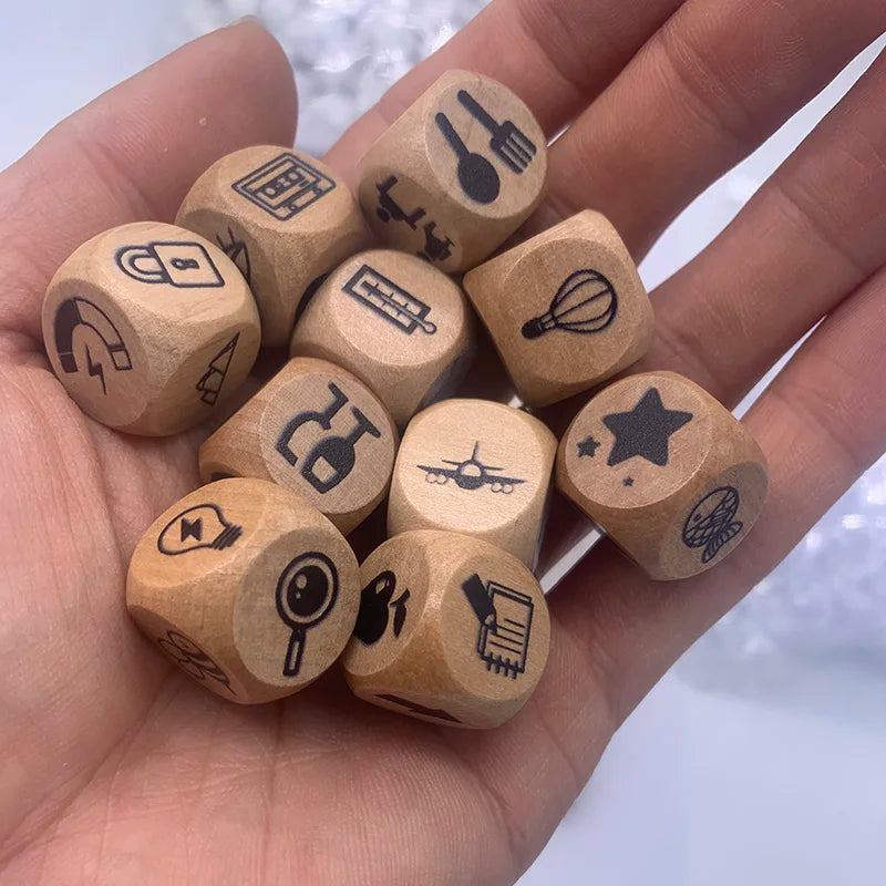 10pcs/set Wooden Dice Board Game Puzzle Telling Story Family/Party/Friends Parents with Bag
