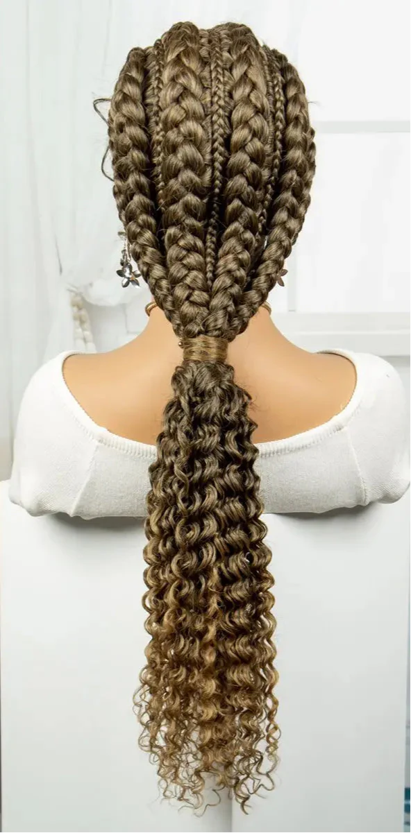 28" Burgundy Knotless Braids Wig with Curly Ends | Lace Front | Baby Hair