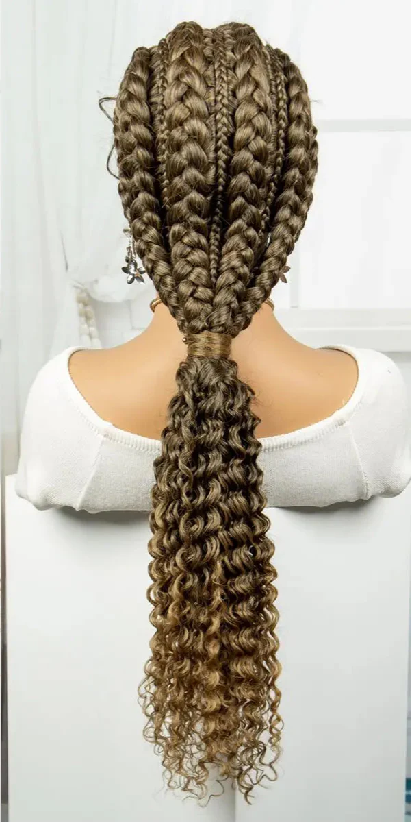 28" Blonde Knotless Cornrow Braids Wig with Curly Ends | Lace Frontal | Baby Hair
