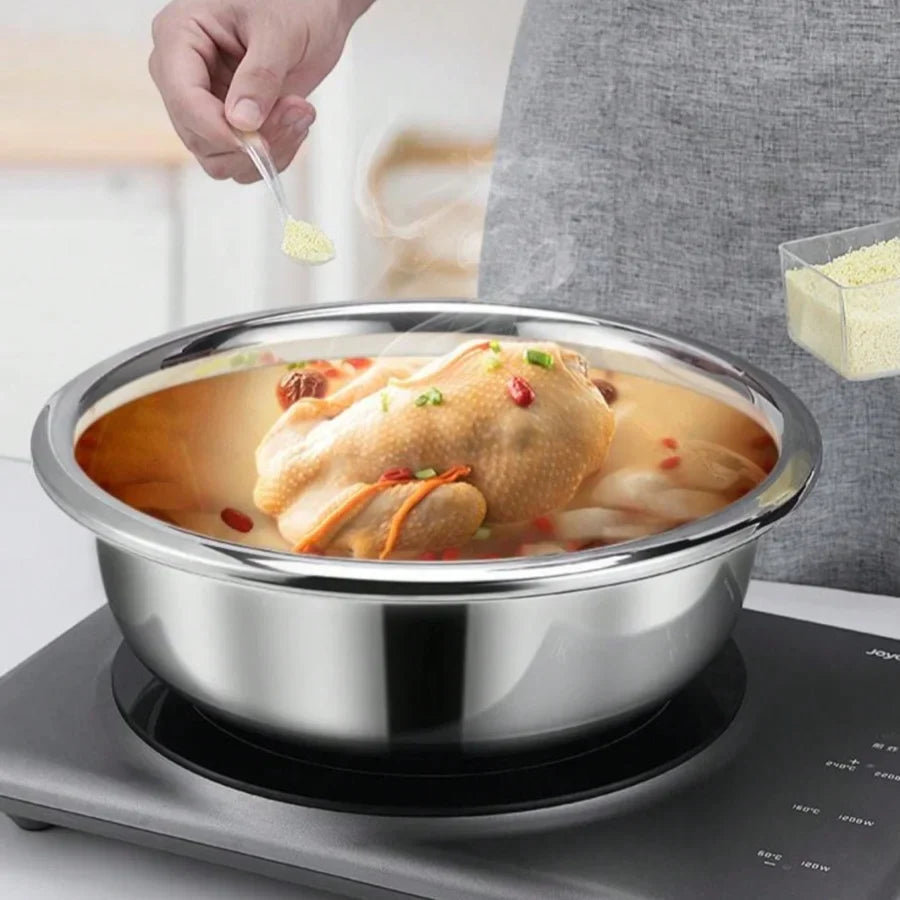 Stainless Steel Round Kitchen Cooking and Baking Kneading Bowl, Washing Fruit and Vegetable Bowl