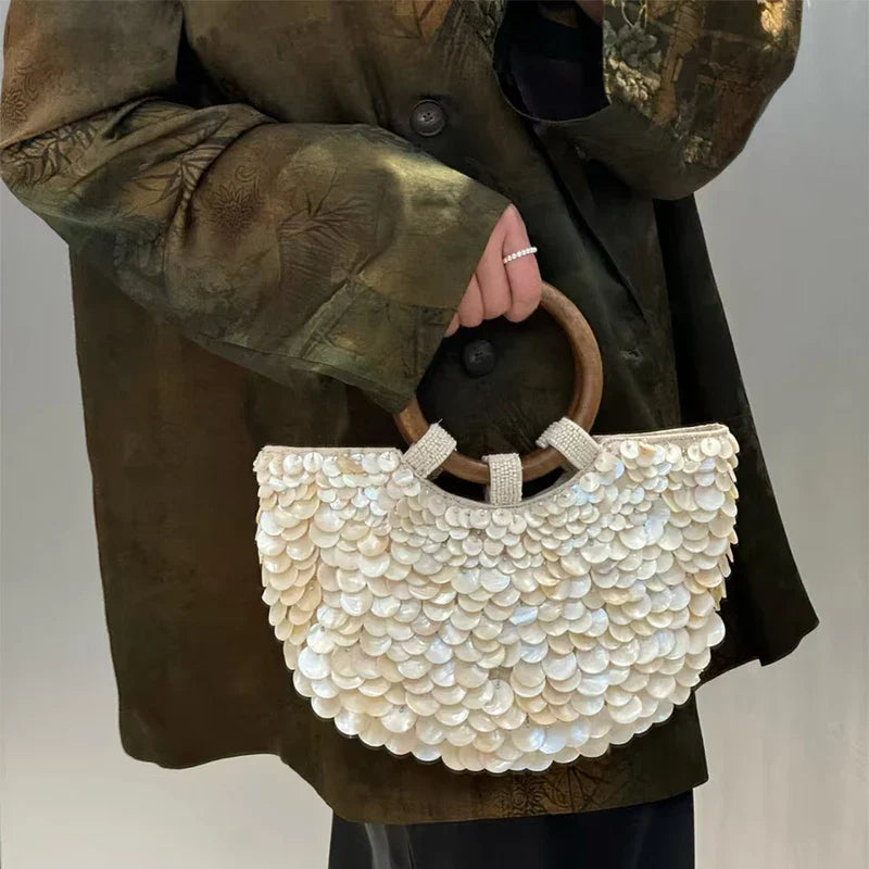 Designer Women's Pearlescent Inlay Half Moon Crossbody Bag | Exquisite Shell Beaded Handbag with Sequin & Wooden Handle Tote