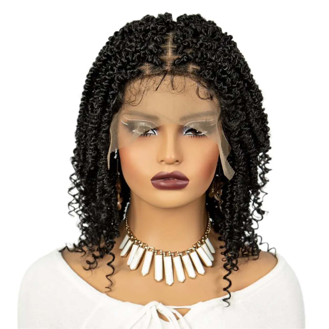 Knotless Box Braided Bob Wig with Curly Ends | Short Twist Braids | Synthetic Lace Front Wig | Handmade for Black Women