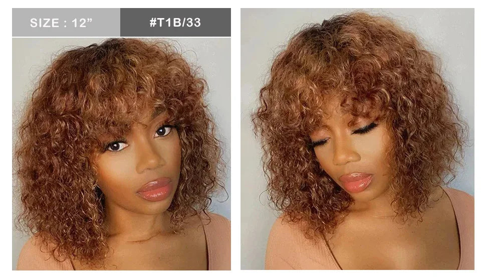 Highlight Honey Blonde Jerry Curly Bob Wig with Bangs | Non-Lace Front Human Hair