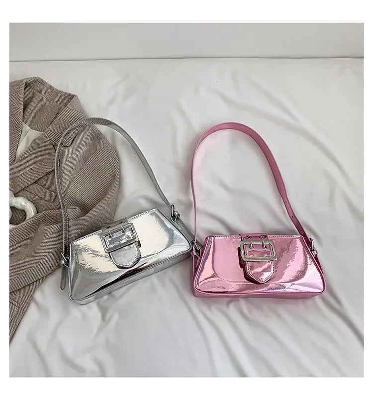 New Luxury Design Women's Glossy PU Leather Armpit Bag | Fashion Party Handbag (Patent Leather Silver Shoulder & Crossbody Bag)