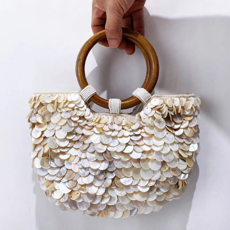 Small Shell Evening Bags for Women | Luxury Designer Handbag Purses & New Canvas Inlaid Acrylic Wooden Handle Chain Shoulder Bag