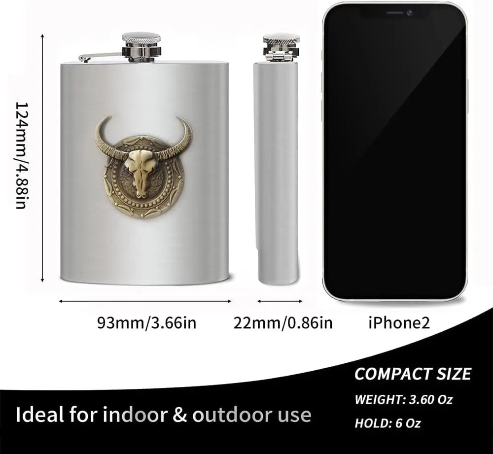 6 oz Stainless Steel Hip Flask with Bull Totem Wine Pot Portable Hip Flask Travel Alcohol Liquor Bottle