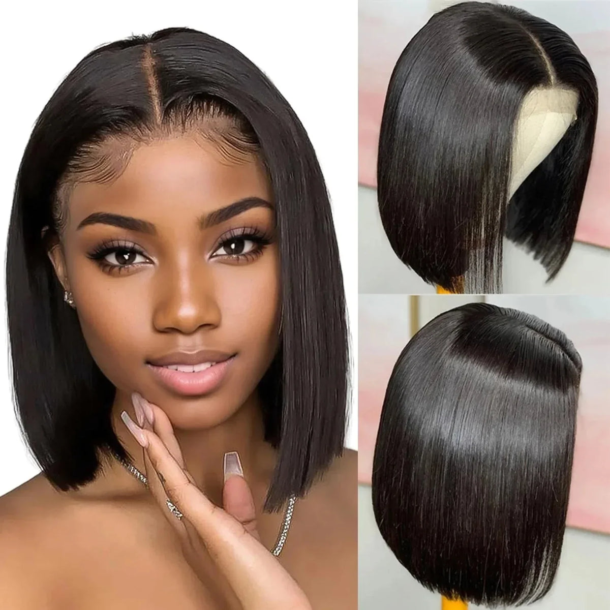 Natural Black Straight Short Bob Wig | 13x6x1 T-Part Lace Front Human Hair (180% Density, Wear & Go)