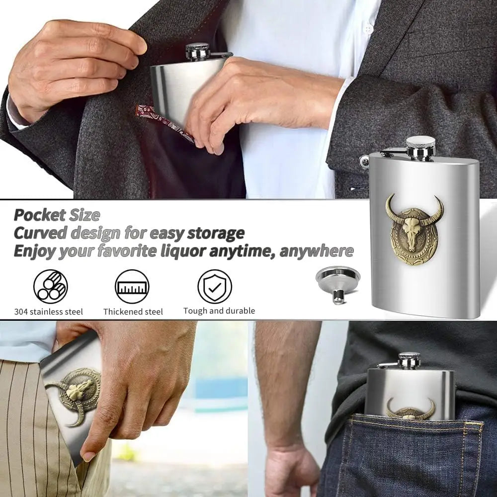 6 oz Stainless Steel Hip Flask with Bull Totem Wine Pot Portable Hip Flask Travel Alcohol Liquor Bottle