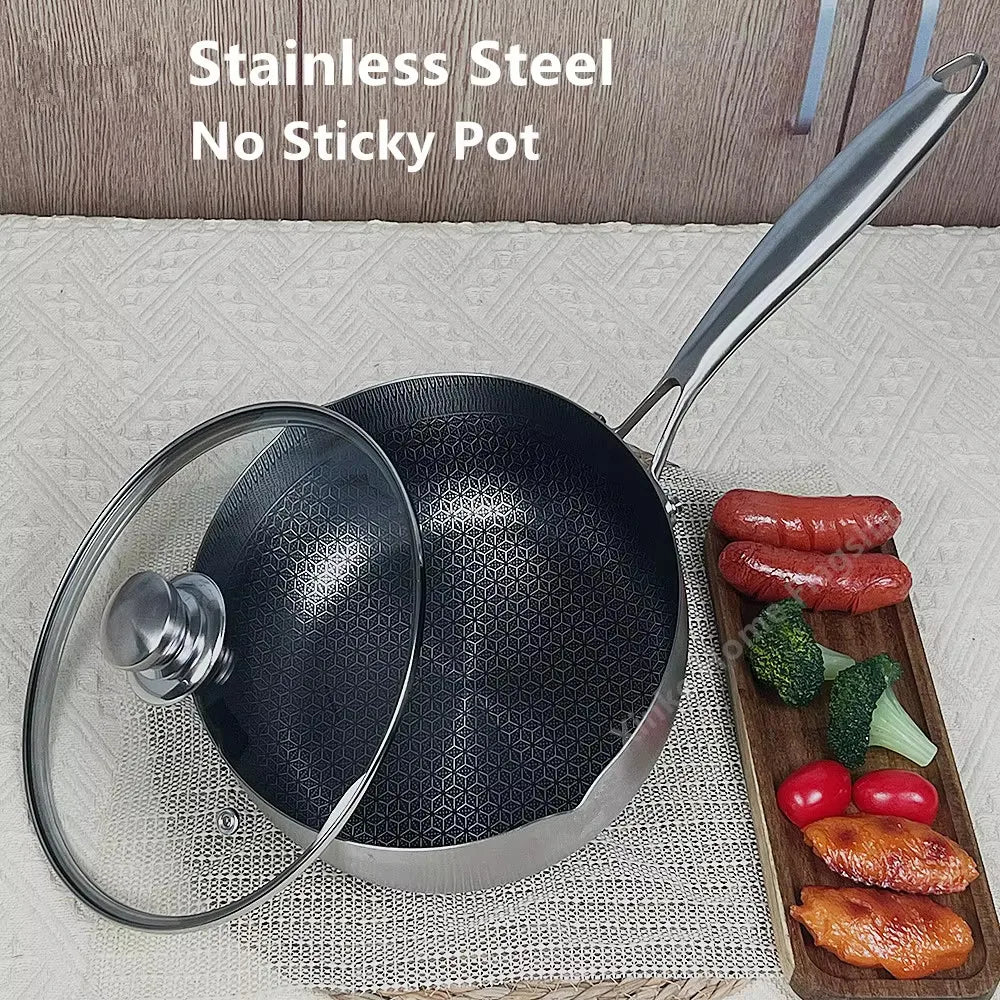 Stainless Steel Frying Pan Steak Cooking Honeycomb Non-Stick Pan Flat Bottom Wok Induction Cooker Universal Kitchen Cookware Pan