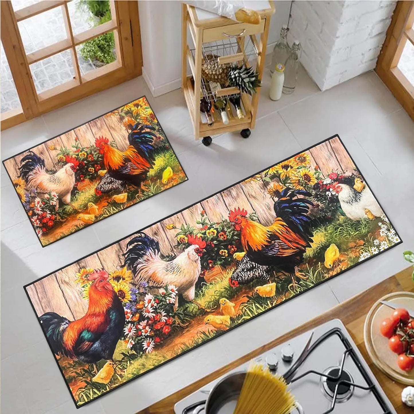 VIKAMA 1/2 pcs Rooster Kitchen Rug Home Decor, Rustic Farmhouse Style Decorative Kitchen Mat, Non-slip Corridor Foot Mat