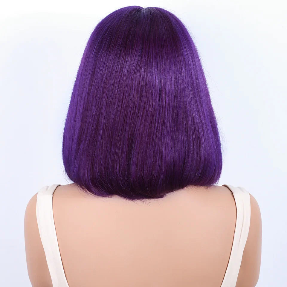 Purple Straight Bob Wig | 13x5x1 Brazilian Human Hair Lace Part with 180% Density (Party Style, Remy)