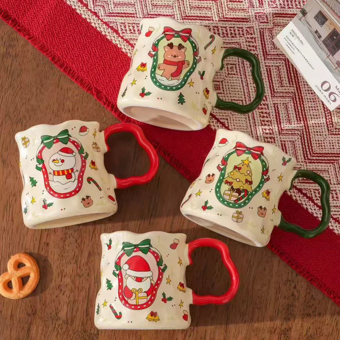 Christmas Ceramic Cup Set, 380ML Festive Mugs with Snowman/Santa/Tree Patterns, Cute Design, Ideal Xmas Gift & Drinkware, 4 Styl