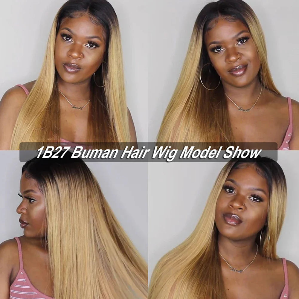 Ombre Honey Blonde & 1B/30 Straight 4x4 Lace Closure Wig | 150% Density Middle Part Remy Human Hair
