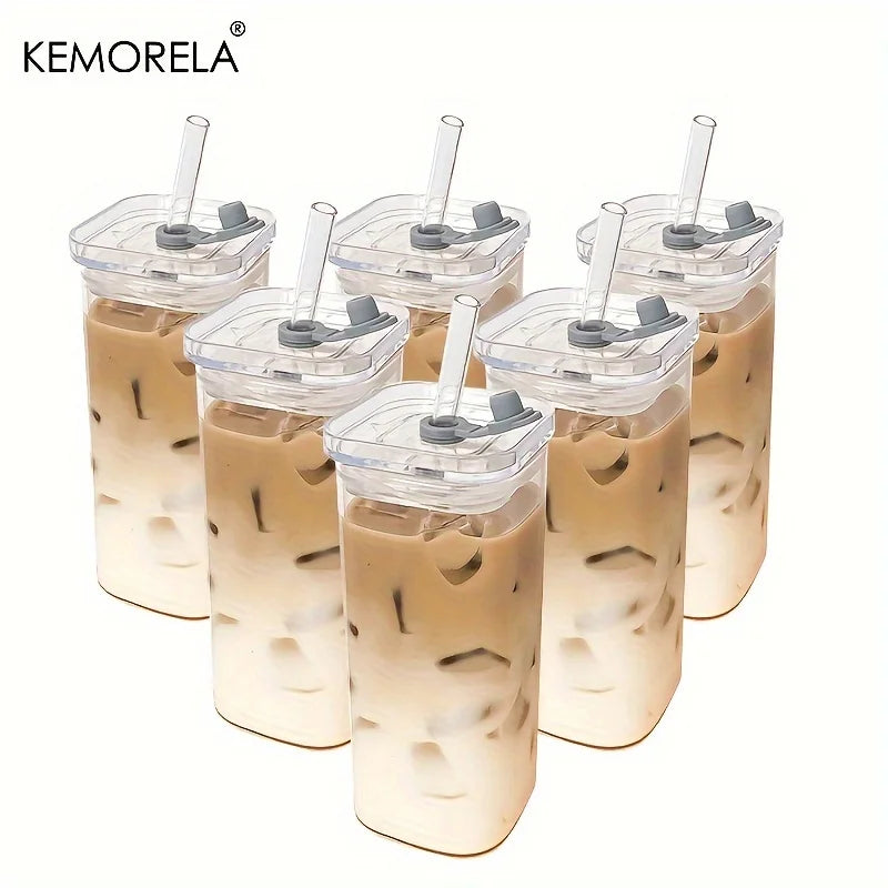 1/2/4/6Pc Square Heat Resistant Coffee Glass Cup With Lid and Straw Transparent Milk Tea Juice Coffee Mug For Home Bar Drinkware