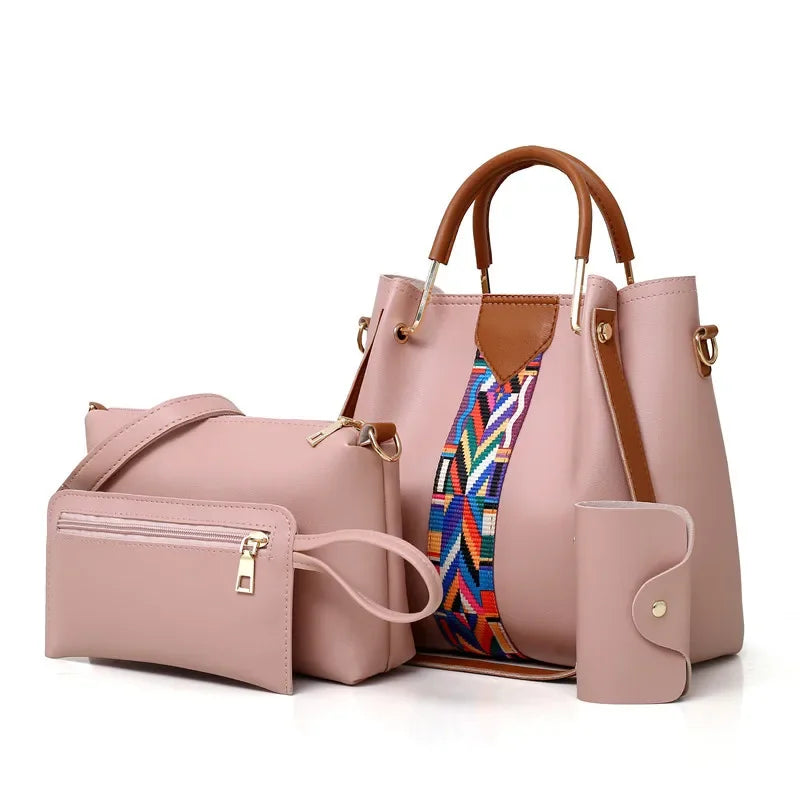 4 Pcs Luxury Handbag Set | Large Capacity Tote Bag, Fashion Shoulder Bag, Wallet & Card Case for Women (Patchwork)