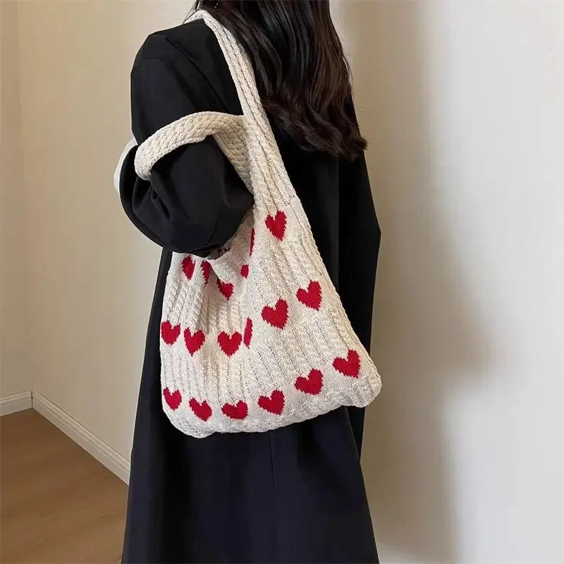 1pc Knitted Bag, Heart-shaped Tote Bag, Women's Diagonal Shoulder Bag, Fashionable and Personalized Woven Bag