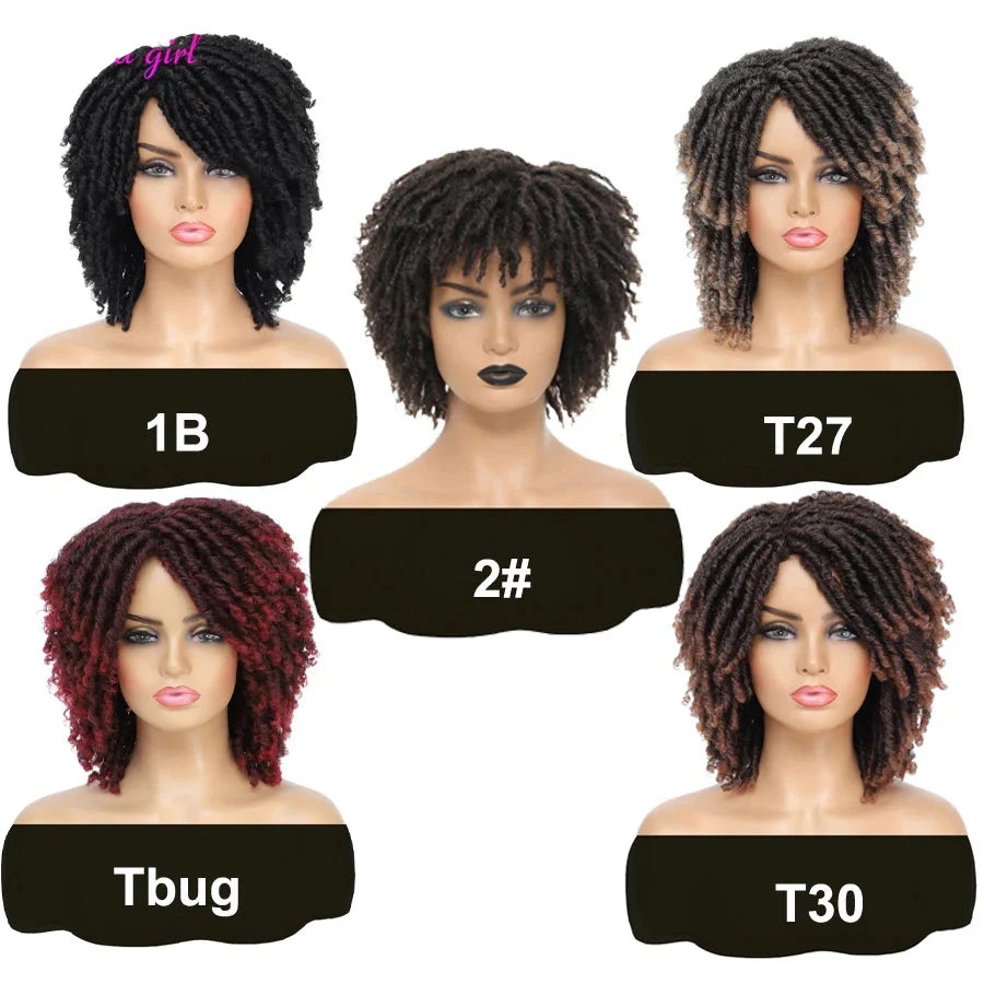 Short Afro Curly Faux Locs Wig | Twist Braids | Heat Resistant | Ombre Brown | Black Women
