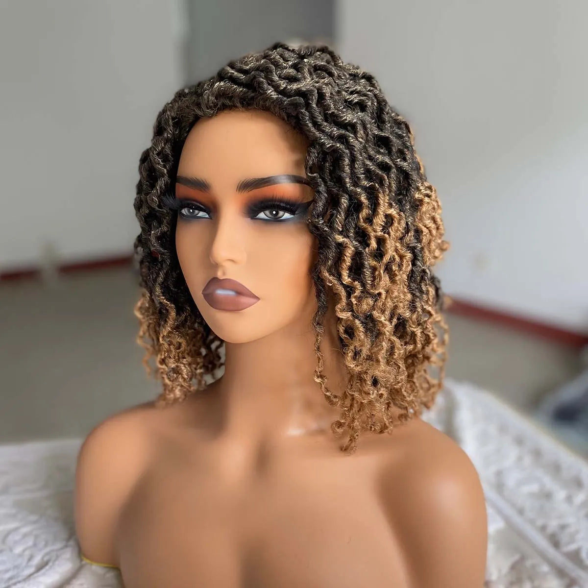Short Goddess Faux Locs Wig | Brown Highlight Dreadlock Wig | Afro Braided Crochet Wig | Synthetic Hair