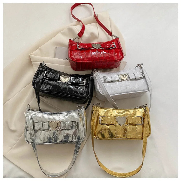 Women's Y2K Peach Heart Butt Leather Handbag | Alligator Pattern Underarm Shoulder Bag with Heart Pin Buckle (Fashion Girls Mini Tote)