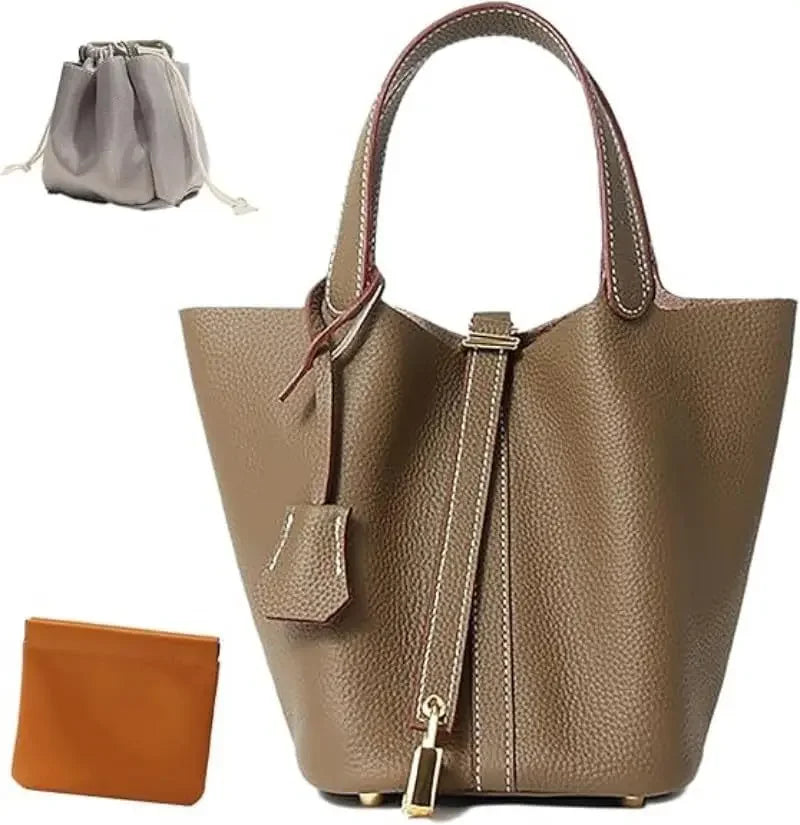 Leather Bucket Bag | Large Soft Shoulder Tote with Lock (Everyday Travel Handbag for Women & Girls)