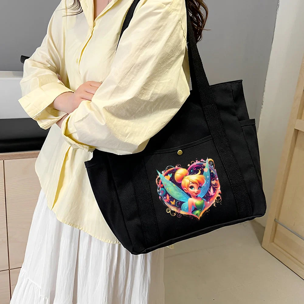 Tinker Bell Large Capacity Canvas Tote Bag | Work Commuting & College Style Student Shoulder Bag (Book Bag, Shopping Bag, Zipper Closure)
