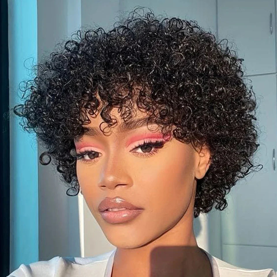 Sleek Short Pixie Afro Kinky Curly Wig with Bangs | Glueless Peruvian Human Hair Bob