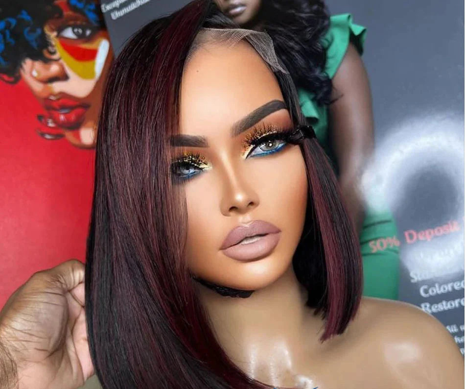 Burgundy Highlight Straight Bob Wig | 5.5x4.5 PU Silk Top Lace Closure Brazilian Human Hair (Glueless, Side Part)