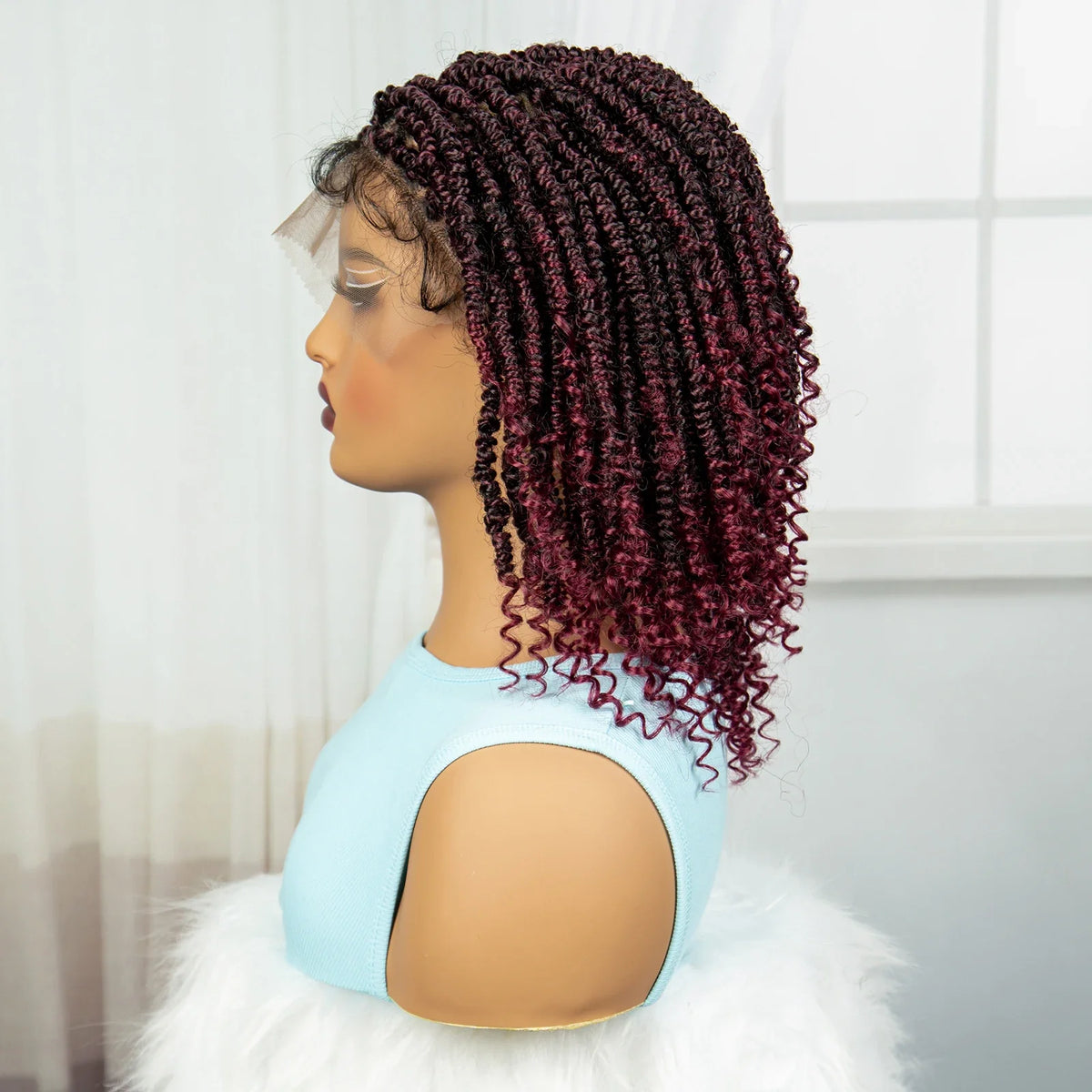 Knotless Box Braided Bob Wig with Curly Ends | Short Twist Braids | Synthetic Lace Front Wig | Handmade for Black Women