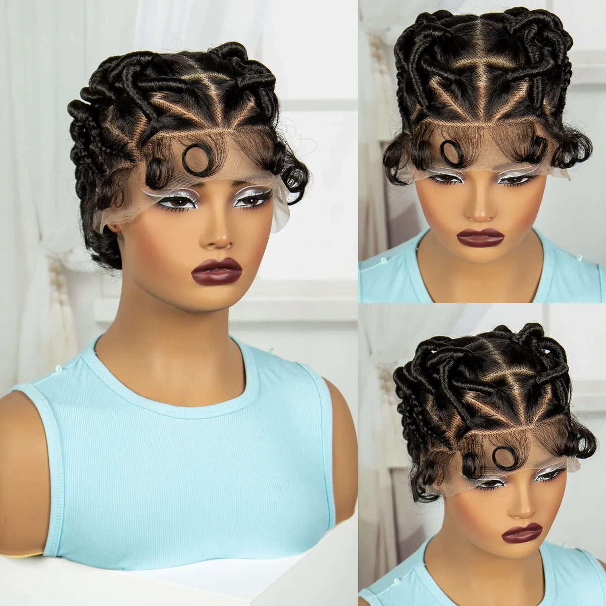 Burgundy Full Lace Synthetic Braided Wig | Knotless Box Braids & Bantu Knots | Lace Front Wig with Baby Hair for Black Women