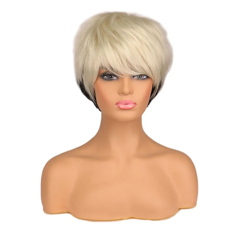 Short Brown Bob Wig with Bangs | Mixed Blonde Synthetic Natural Hair Wig for Women (Soft Mommy Hair, Daily Use)
